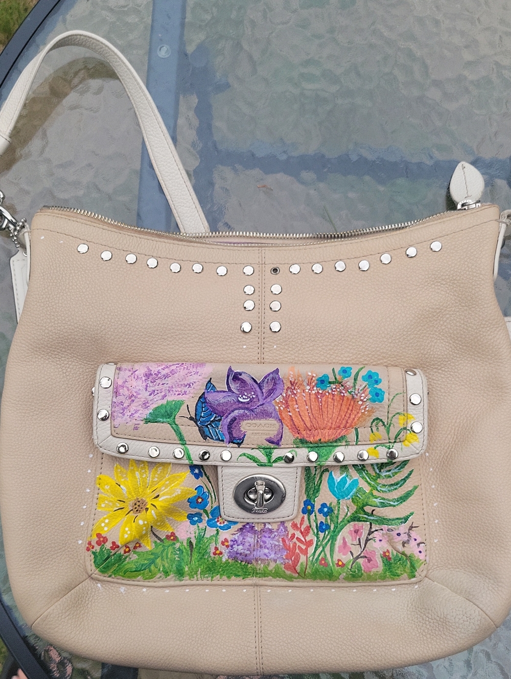Coach Beige Leather Shoulder Bag with Hand-Painted Floral Panel